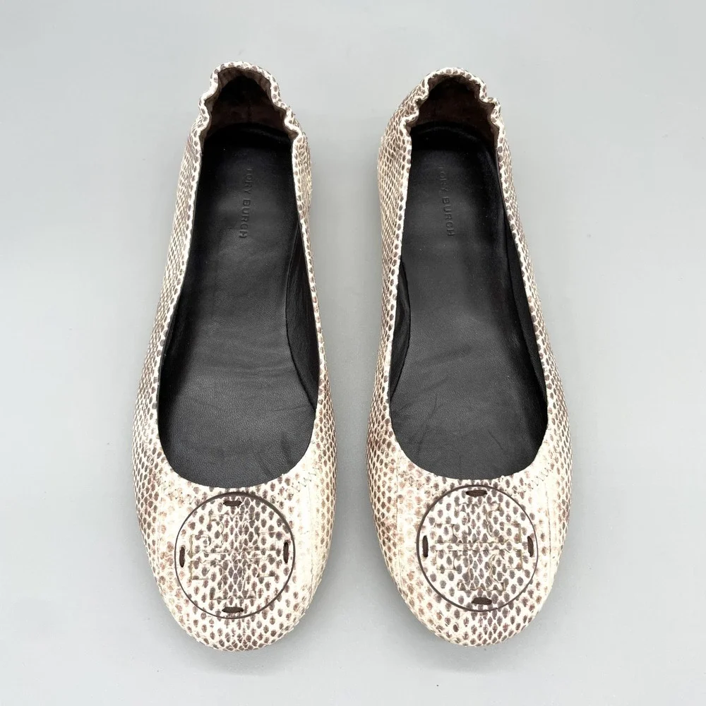 Tory Burch Minnie Travel Ballet Flats Womens 9M Snake Print Leather Brown Cream